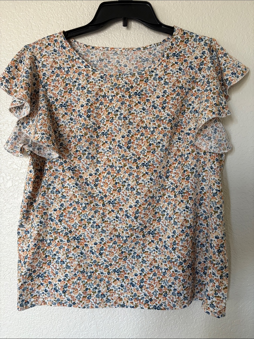 Floral Ruffle Sleeve Women's Top - White with Blue & Tan Floral